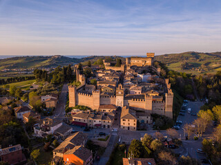 Italy, April 2022: aerial view of the medieval village of Gradara in the province of Pesaro in the...