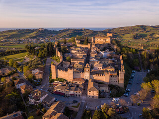 Italy, April 2022: aerial view of the medieval village of Gradara in the province of Pesaro in the...
