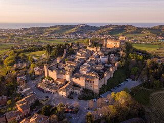 Italy, April 2022: aerial view of the medieval village of Gradara in the province of Pesaro in the...