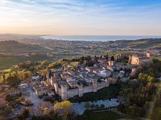 Italy, April 2022: aerial view of the medieval village of Gradara in the province of Pesaro in the...