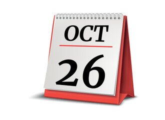 Calendar on white background. 26 October. 3D illustration.