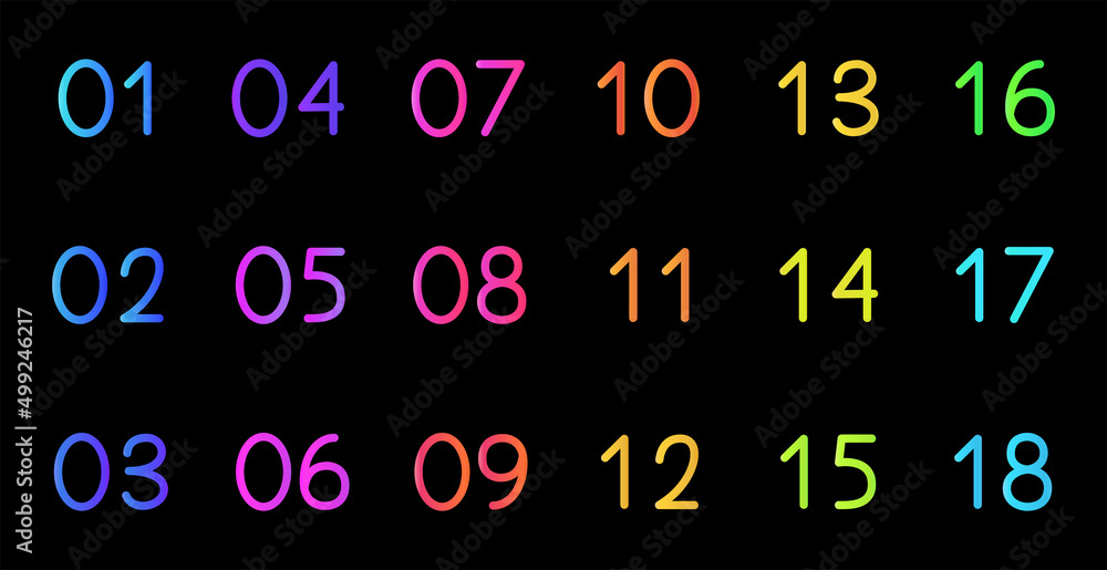 Poster colorful numbers. gradient numbers from 1 to 18. modern font designs isolated on black background.