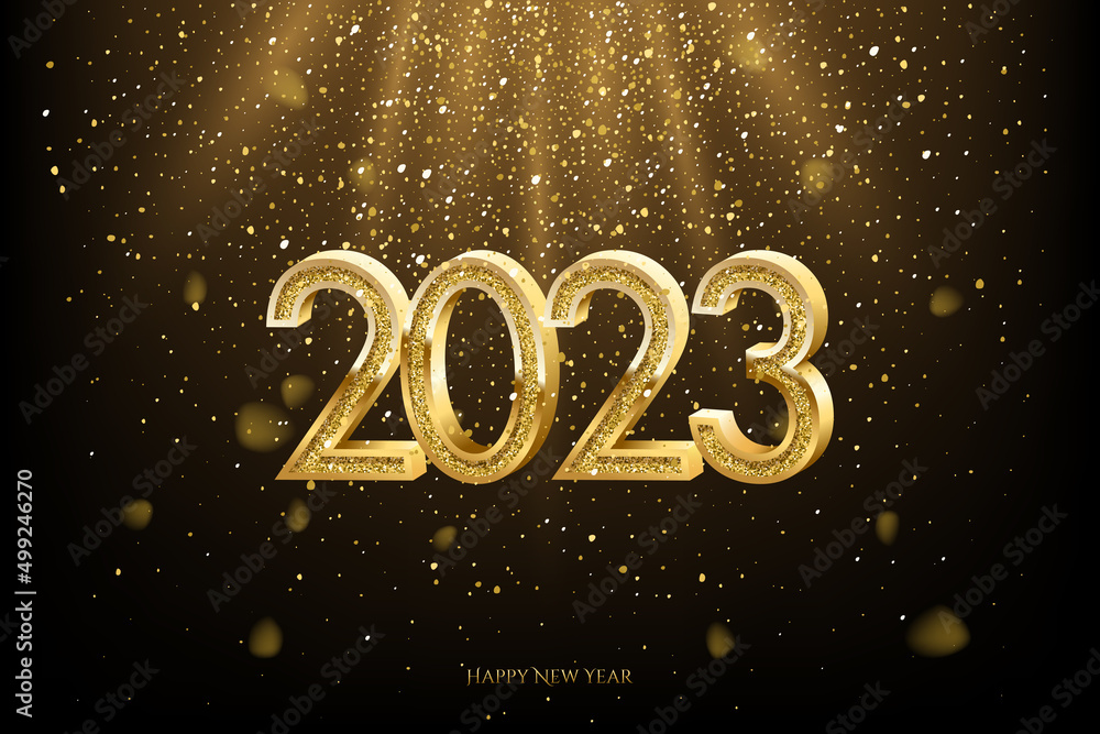 Wall mural 2023 happy new year greeting card vector illustration. 2023 golden numbers with gold falling confett