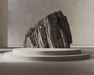 3d render illustration mockup. Product podium for product display with artistic lightning and rock behind