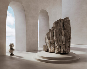 3d render illustration mockup. Product podium for product display with artistic lightning, rock behind, sculptures and sky view