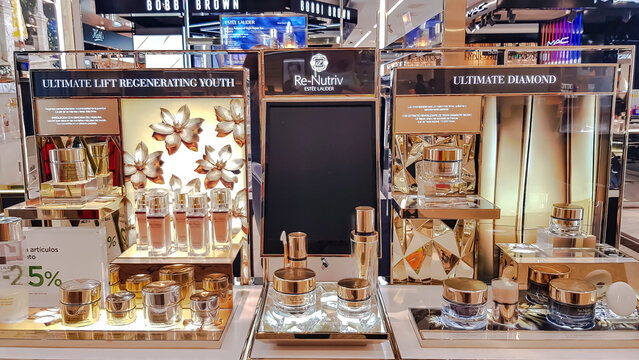 LATVIA, RIGA, MARCH, 2022 - Shelves with popular professional cosmetics Estee Lauder in the shopping mall in Riga, Latvia