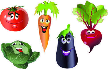 Vector cartoon vegetables emoticons. Tomato, cabbage, beetroot, carrot, eggplant. Vegan Healthy Food Delicious Fresh Baby Vegetable Faces, Isolated Characters
