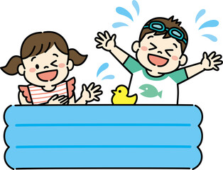 ビニールプールで遊ぶ子どものイラスト