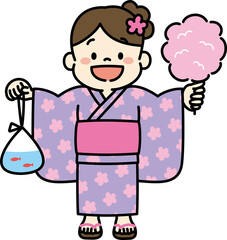 夏祭りを楽しむ子どものイラスト　縁日　浴衣　女の子