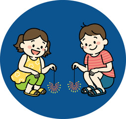 花火をする子どものイラスト　手持ち花火　背景あり