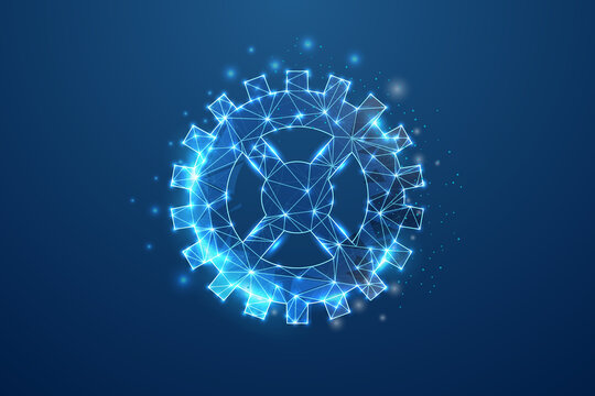 Gear 3d symbol in blue low poly style. Mechanical technology, gear wheel design concept vector illustration. Industry development polygonal wireframe.
