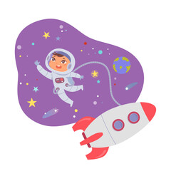 Kid astronaut flying in space near rocket among planets, stars and asteroids of galaxy vector illustration. Cartoon spaceman character traveling in universe, child studying astronomy