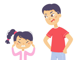 Angry yelling parent and upset child, girl ignoring man, stubborn kid covering ears - obrazy, fototapety, plakaty