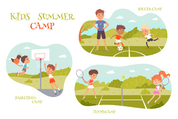Summer sport camp for children set, boys and girls play tennis, soccer and basketball