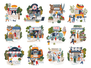 Small business, facades of open local stores set,front view of buildings and people