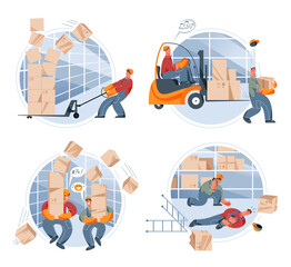 Warehouse accidents set, workers with falling cardboard boxes, collision with machinery - obrazy, fototapety, plakaty
