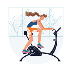Fototapeta premium Cardio workout of girl in gym or home, sporty woman training on exercise bike indoor