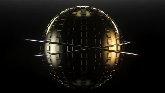 Animazione 3D di sfera con rilievo cubi ed anelli che girano attorno