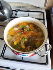 soup in a pot on the stove in the kitchen