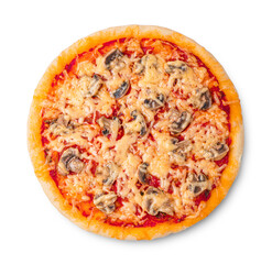 Pizza with tomatoes, cheese, mushrooms and tomato sauce isolated on a white background.