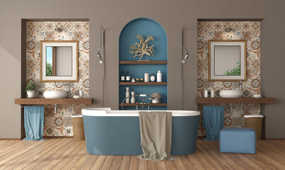 Elegant bathroom with two sinks and bathtub in the center