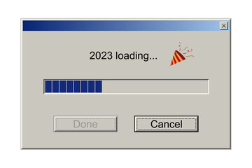 2023 loading notification message in classic retro style of system user interface vector illustration. Retro download bar and buttons, window design mockup with upload progress of New Year holiday.