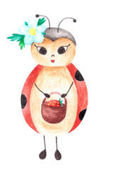 Watercolor hand drawn summer illustration of lady bird with spotted wings holds basket with strawberry berries. Isolated on white background