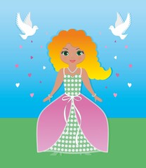 Cute and lovely girl with Cinderella princess association. Pigeon flying and spreading hearts. Vector illustration.