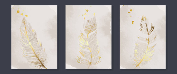 Elegant feather wall art template. Luxury hand drawn wall decoration with bird feathers, wings, gold watercolor. Shining foil texture design for wallpaper, banner, prints, covers and interior.