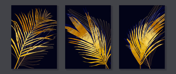 Elegant tropical foliage wall art template. Luxury hand drawn wall decoration with branches, leaves, gold palm leaf. Shining foil texture design for wallpaper, banner, prints, covers and interior.
