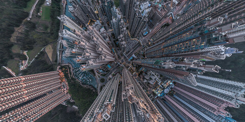 Panorama aerial view of Hong Kong crowded building at magic hour