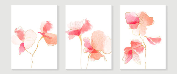 Obraz premium Abstract floral wall art template. Set of botanical hand drawn wall decoration with flowers, leaves, wildflower. Colorful watercolor texture design for wallpaper, banner, prints, interior, poster.