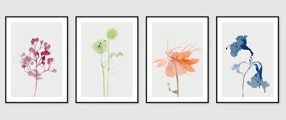 Abstract floral wall art template. Set of botanical hand drawn wall decoration with flowers, leaves, wildflower. Colorful watercolor texture design for wallpaper, banner, prints, interior, poster. © TWINS DESIGN STUDIO