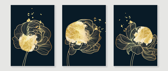 Elegant floral wall art template. Set of gold hand drawn wall decoration with flowers, blossom flower. Luxury golden foil texture on dark background for wallpaper, banner, prints, interior, poster. - obrazy, fototapety, plakaty