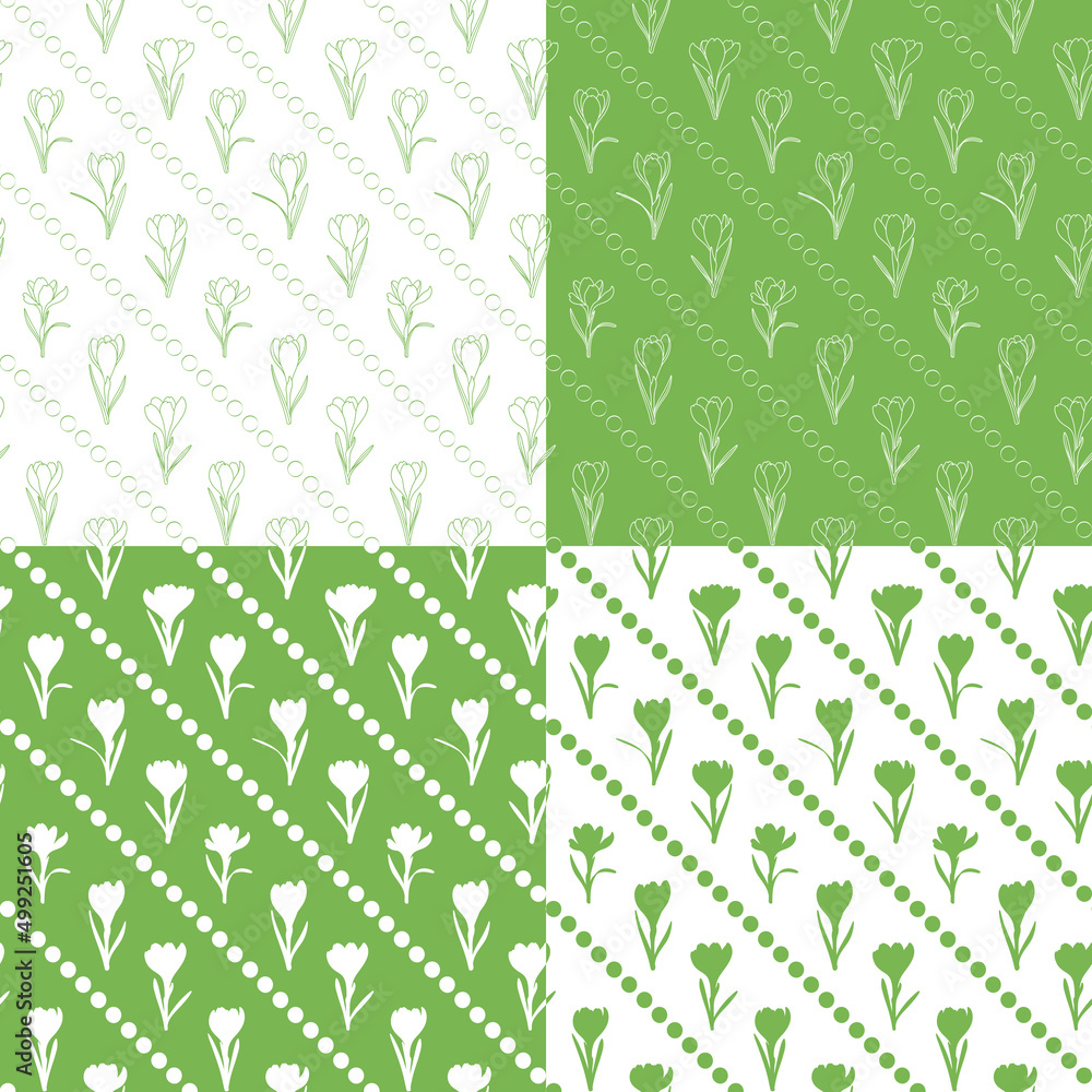 Poster set of seamless patterns with green crocus flowers, saffron. vector background.