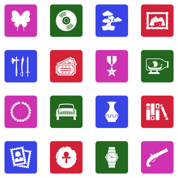 Collecting And Hobby Icons. White Flat Design In Square. Vector Illustration.