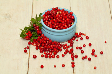 Red lingonberry in blue bowl on white wooden board