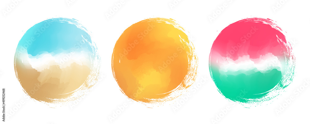 Poster summer theme blurred brush stroke circle backgrounds set with color gradient patterns. orbs summerti