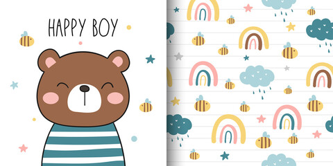 Draw greeting card and print pattern cute bear for fabric textiles kids - obrazy, fototapety, plakaty