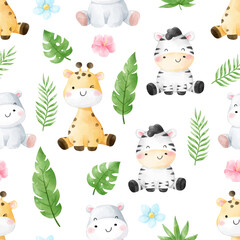 Draw seamless pattern baby safari animal Printable for kids