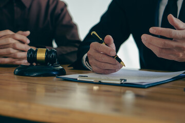 Businessmen seek advice from lawyers for good service cooperation. Judges with team meetings with...