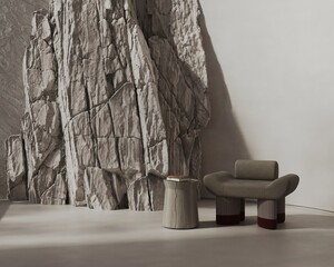 3d render illustration mockup. Cozy chair with coffee table and rock behind for art product display