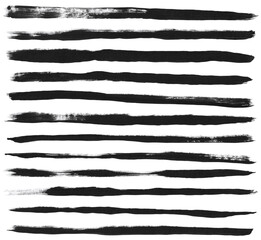 Set of lines of black paint texture. Hand drawn grunge brush strokes isolated on white background.