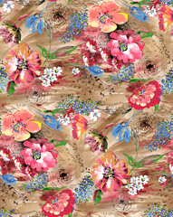 Brushstroke flower and Colorfull Flowers watercolor Flowers watercolor background Textile Design - illustration