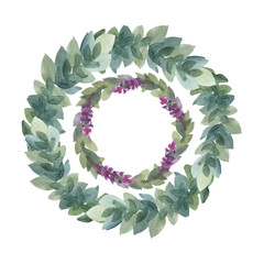 Watercolor circle frame border template for design. Abstract branch with flower lavender or lilac and leaves isolated on white background. Hand-drawn summer plant. Clipart for wedding invitation