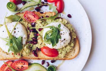 Poached eggs, avocado and cherry tomatoes on toast