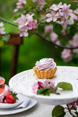 Close up cupcake on the white plate in a blossom garden. Soft focus. Vertical