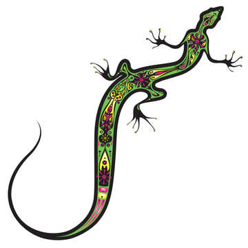 Stylized image of Lizard with decorative floral pattern. Ornate animal illustration on white  background. Bright neon colors. Works well as mascot, emblem, print or tattoo