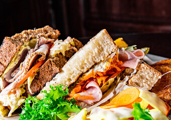 Dinner table with salad and sandwich