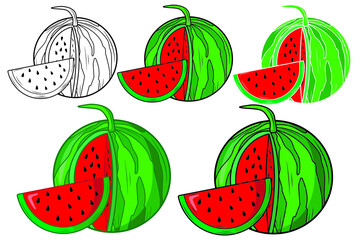 Set of Watermelon with a cut piece of watermelon in isolate on a white background. Vector illustration.